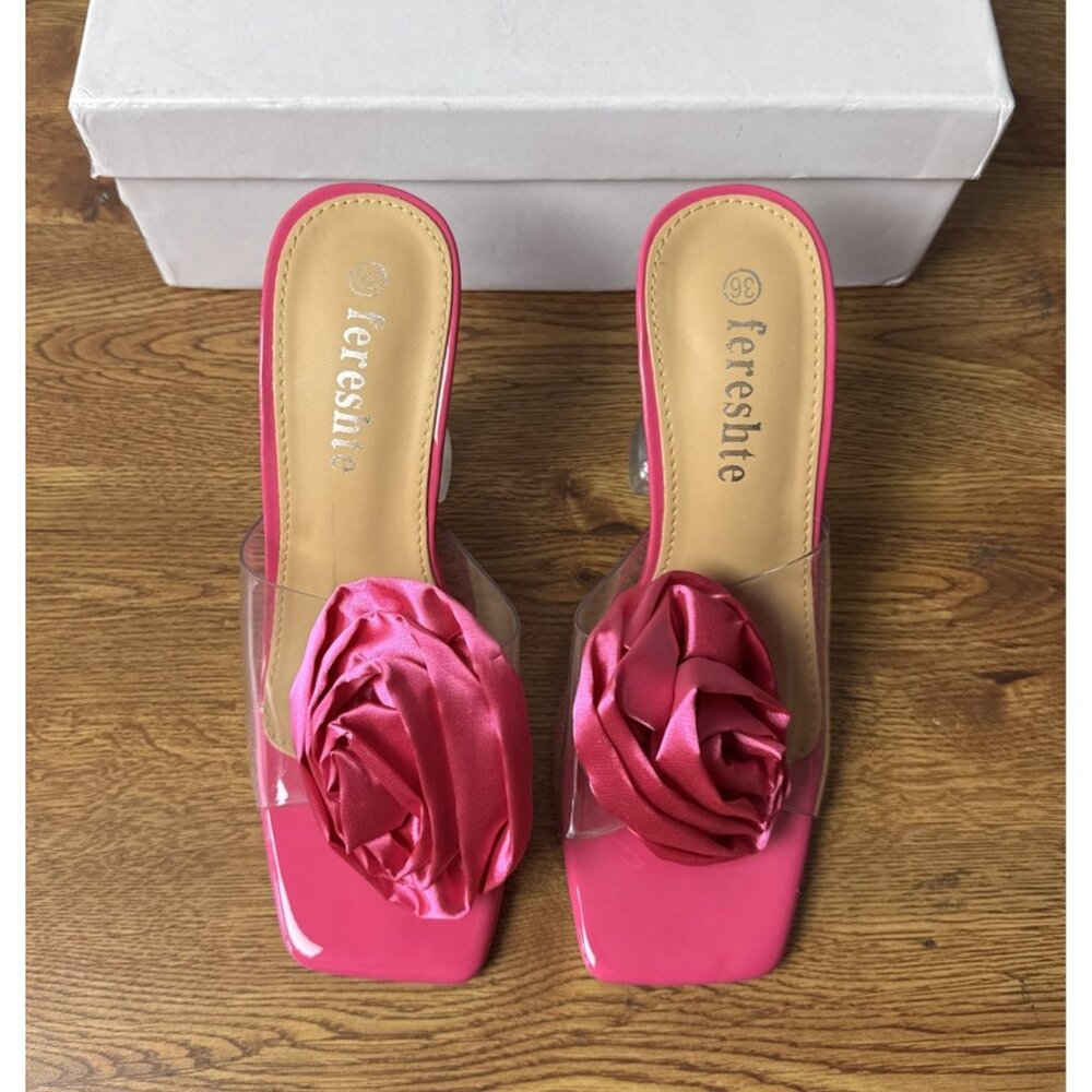 Fereshte Women's Size 5.5 Pink Clear Heeled Open Toe Slip On Sandals Rose Flower